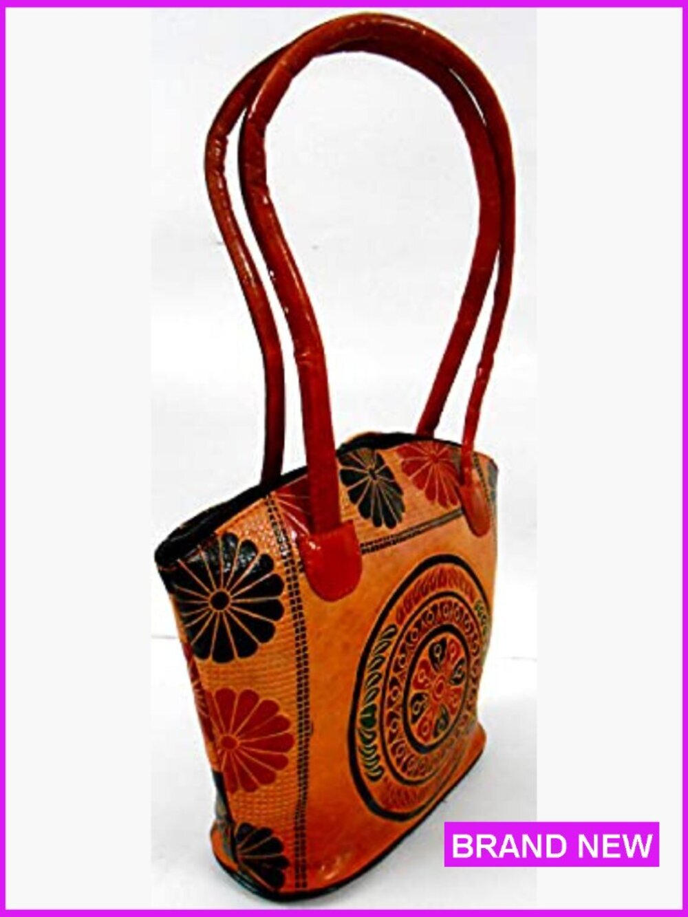 Hand Embossed Leather Shoulder Bag Vintage Ethnic Baguette Purse Zippered - Picture 2 of 7